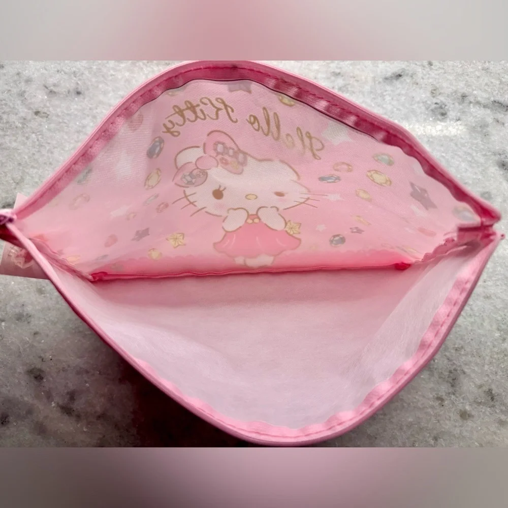 New Large Pink Hello Kitty Makeup Cosmetic Tech Pencil Bag w/ Bow Charm - 13.25”